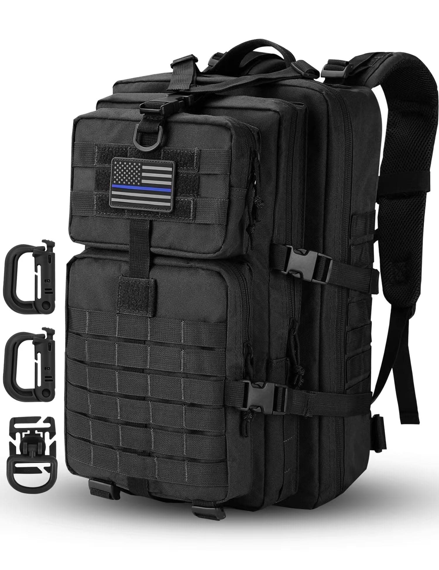 MOLLE Assault Backpack, Tactical Backpack Military Army Camping Rucksack, 3-Day Pack Trip w/USA Flag Patch, D-Rings, Black