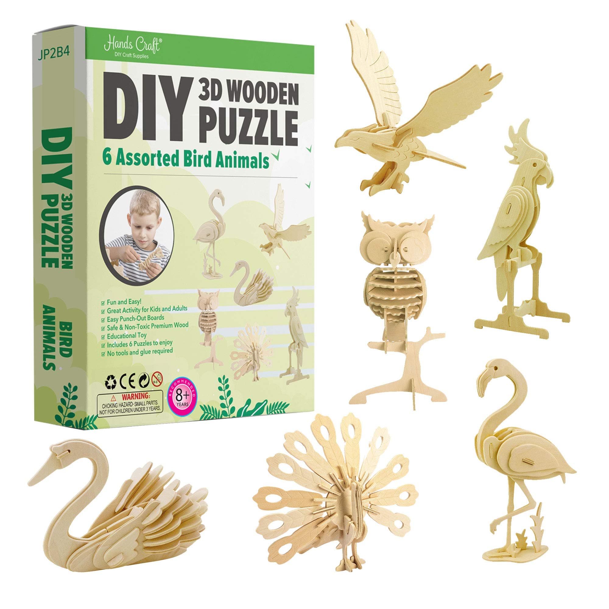 Hands Craft DIY 3D Wooden Puzzle Bundle Set, Pack of 6 Bird Animals Brain Teaser Puzzles | Educational STEM Toy for Kids and Adults | Safe and Non-Toxic Easy Punch Out Premium Wood | (JP2B4)