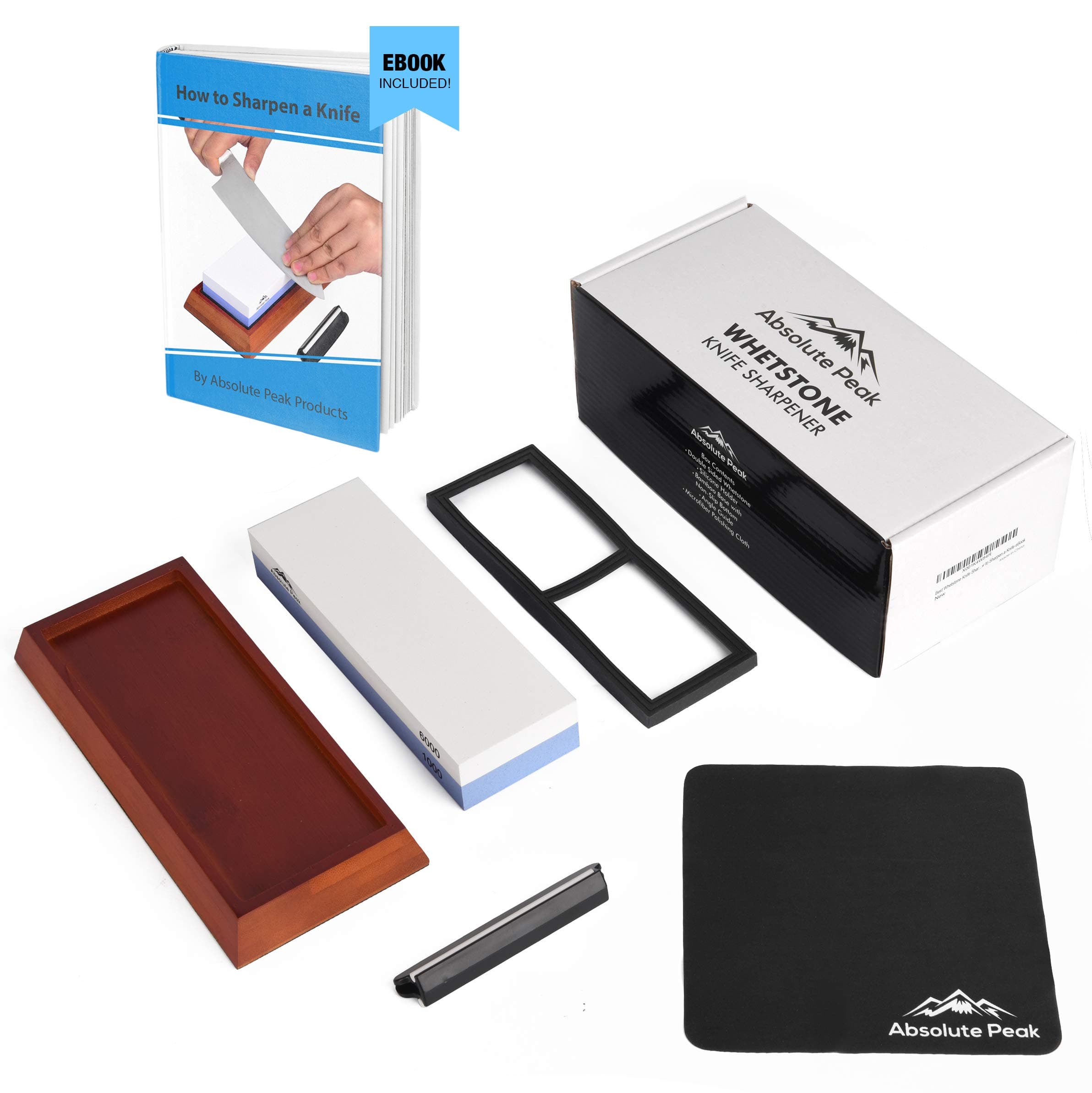 Best Whetstone Knife Sharpener Kit | 1000/6000 Grit Knife Sharpening Stone & Honing Stone | NonSlip Bamboo Base | Angle Guide, MicroFiber Polishing Cloth, & How to Sharpen a Knife eBook