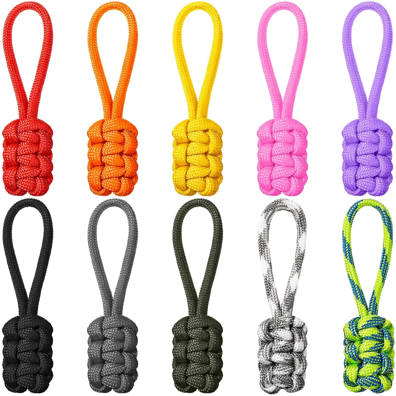 10 Pieces Replacement Zipper Pulls Tab Universal Nylon Repair Kit Slider Pull Tab Zipper Fixer Metal Head Hand Woven Rope Handle Cord Tab(Assorted Colors)
