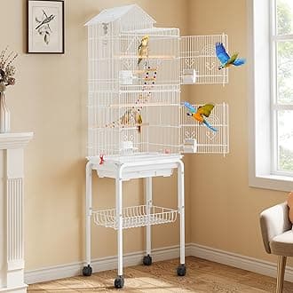 YITAHOME 62 inch Metal Bird Cage, Large Parakeet Cages for Parrot, Cockatiel, Lovebird, Pigeon with Roof Top, Rolling Stand and Hanging Accessories, White