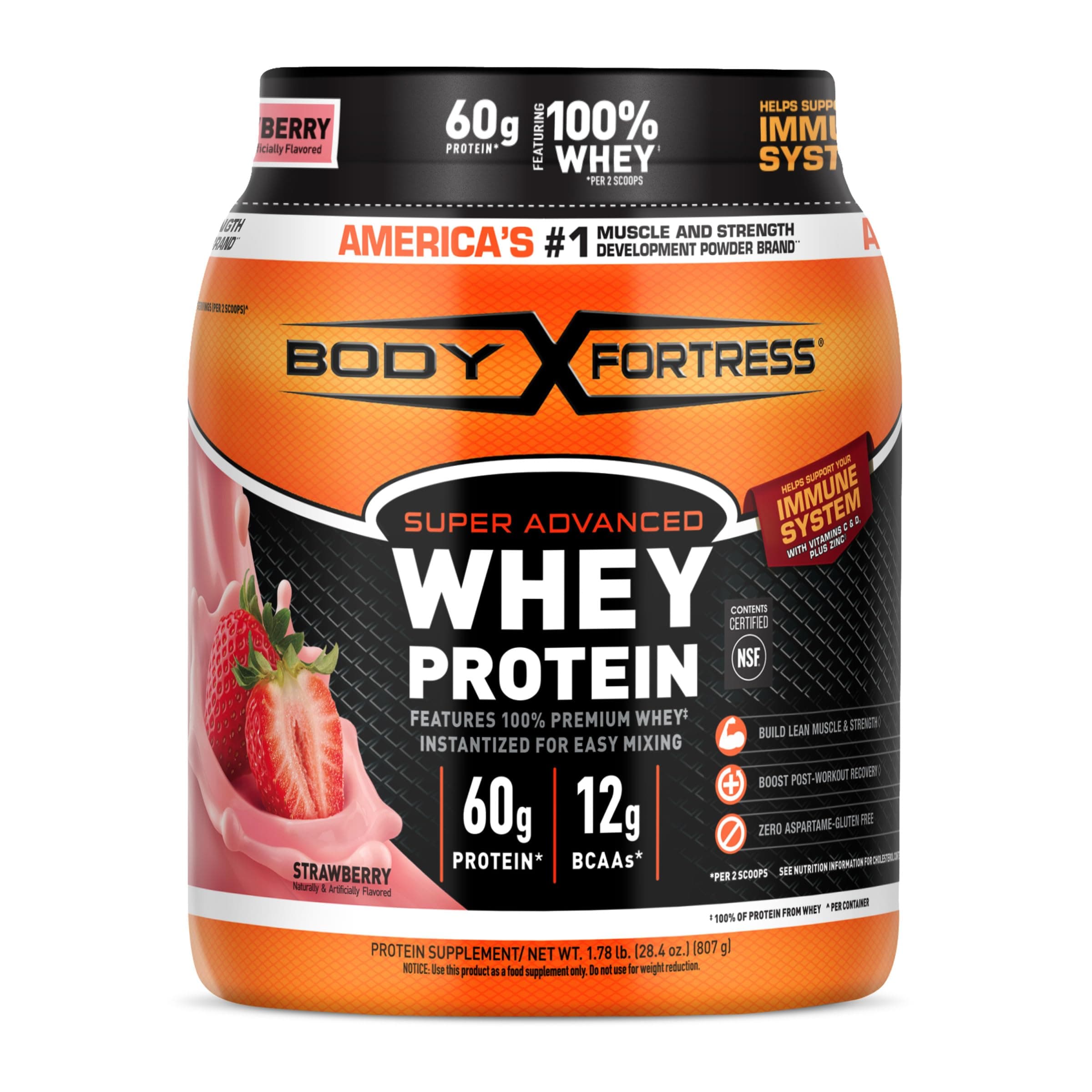 Super Advanced Whey Protein Powder, Strawberry, Immune Support (1), Vitamins C & D Plus Zinc, 1.78 lbs