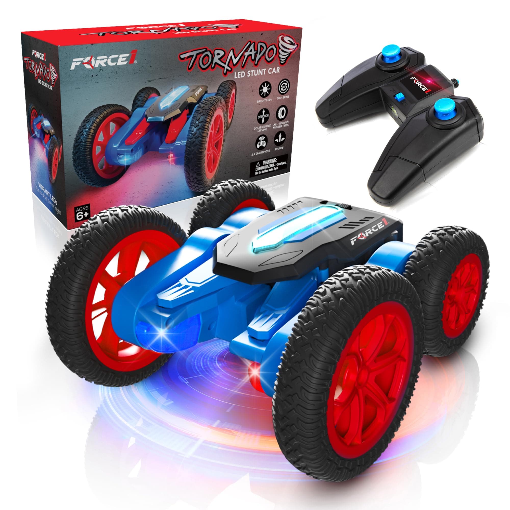 Force1 Tornado Red LED Remote Control Car for Kids- Double Sided Driving Fast RC Cars 360 Flips, Outdoor 4WD Off Road Stunt RC Car, All Terrain Tires, RC Crawler Rechargeable Battery, 2.4GHz Remote