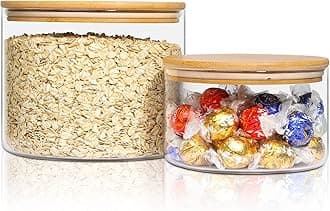 ComSaf Glass Food Storage Containers, 100 oz/44 oz Glass Flour and Sugar Containers with Airtight Lids, 7.1'' Wide Mouth Large Glass Jars with Bamboo Lid for Rice, Pasta, Oats, Grains, Cookie, Candy