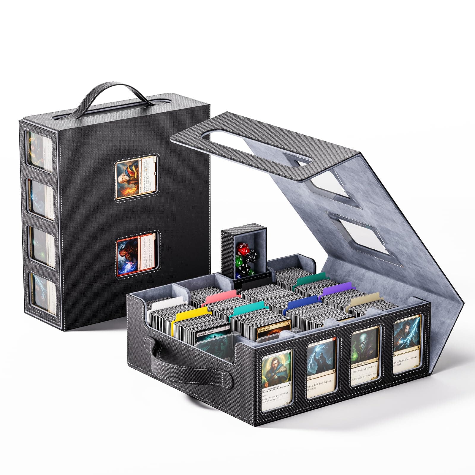 Trading Card Storage Box – 3500+ Magnetic MTG Deck Box with Handle,Commander & Toploader Display, Dice Box,4 Dividers & 30 Color Labels – Fits for TCG,MTG,Yu-Gi-Oh and Sport cards