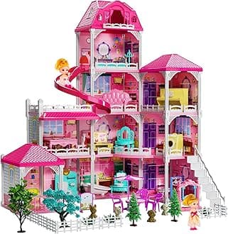 TEMI Villa Toys for 3 4 5 6 7 8 Years Old Girls - 4 Storeys 10 Rooms, Indoor Playset with 2 Dolls Figures, Furniture and Accessories, Pretend Girls Plays, Building Toys, Gifts