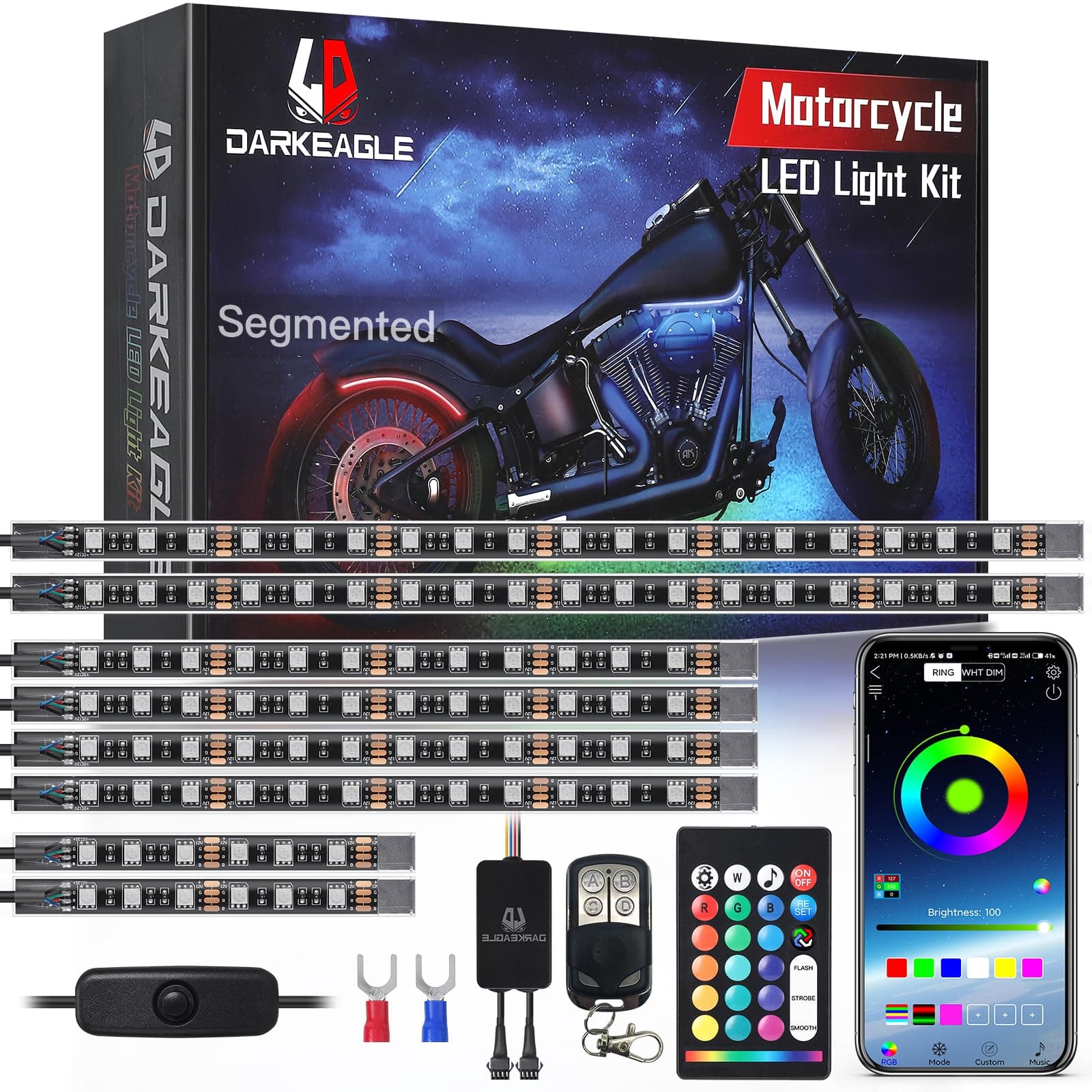 8PCS Segmented Motorcycle RGB LED Light Kits with APP/RF Remote, Multicolor Underglow Lights with Brake Turn Signal, 12V Waterproof Strip for Sport Bike, Cruiser, Street & Dirt Motorcycle