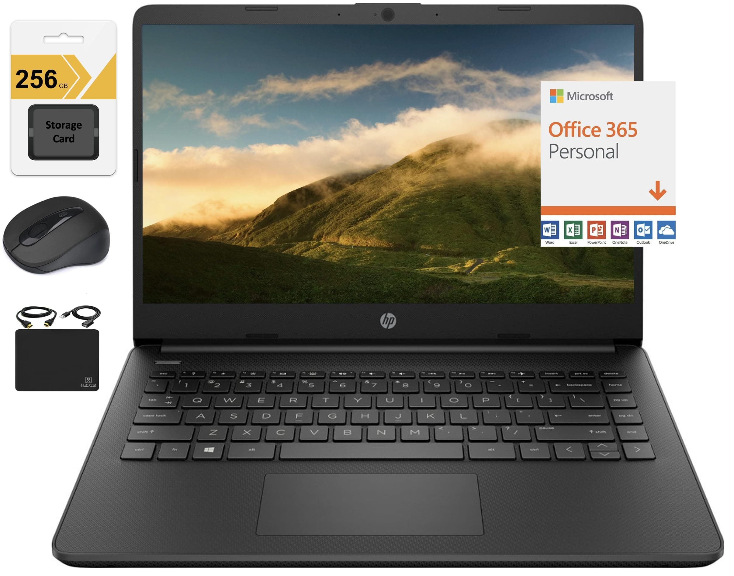 New 14" HD Ultra Light Thin Laptop, Quad-Core Intel Celeron Processor, 16GB RAM, 320GB (64GB eMMC+ 256GB Card), Wi-Fi, Upto 11 Hours, Windows 11 S + 1 Year Office 365+HubxcelAccessory, Black