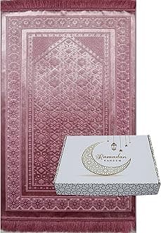 Modefa Luxury Islamic Prayer Rug in Gift Box - Deluxe Gift Set with Prayer Mat & Prayer Beads Tesbih - Soft Plush Turkish Prayer Rug for Men and Women - Ramadan or Eid Gift (Dark Pink)