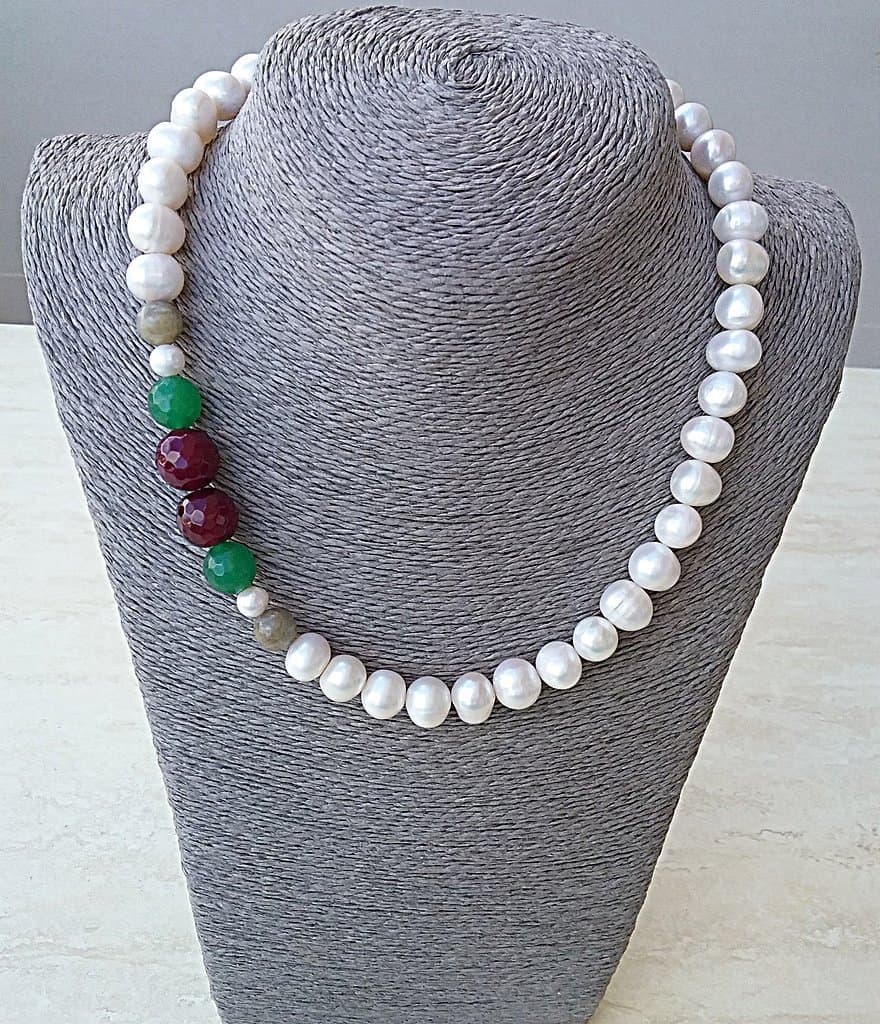 Freshwater pearl, created ruby, emerald green agate and labradorite necklace