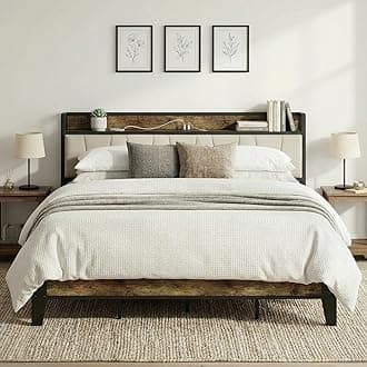 LIKIMIO King Bed Frame, Storage Headboard with Charging Station, Solid and Stable, Noise Free, No Box Spring Needed, Easy Assembly (Walnut and Beige)