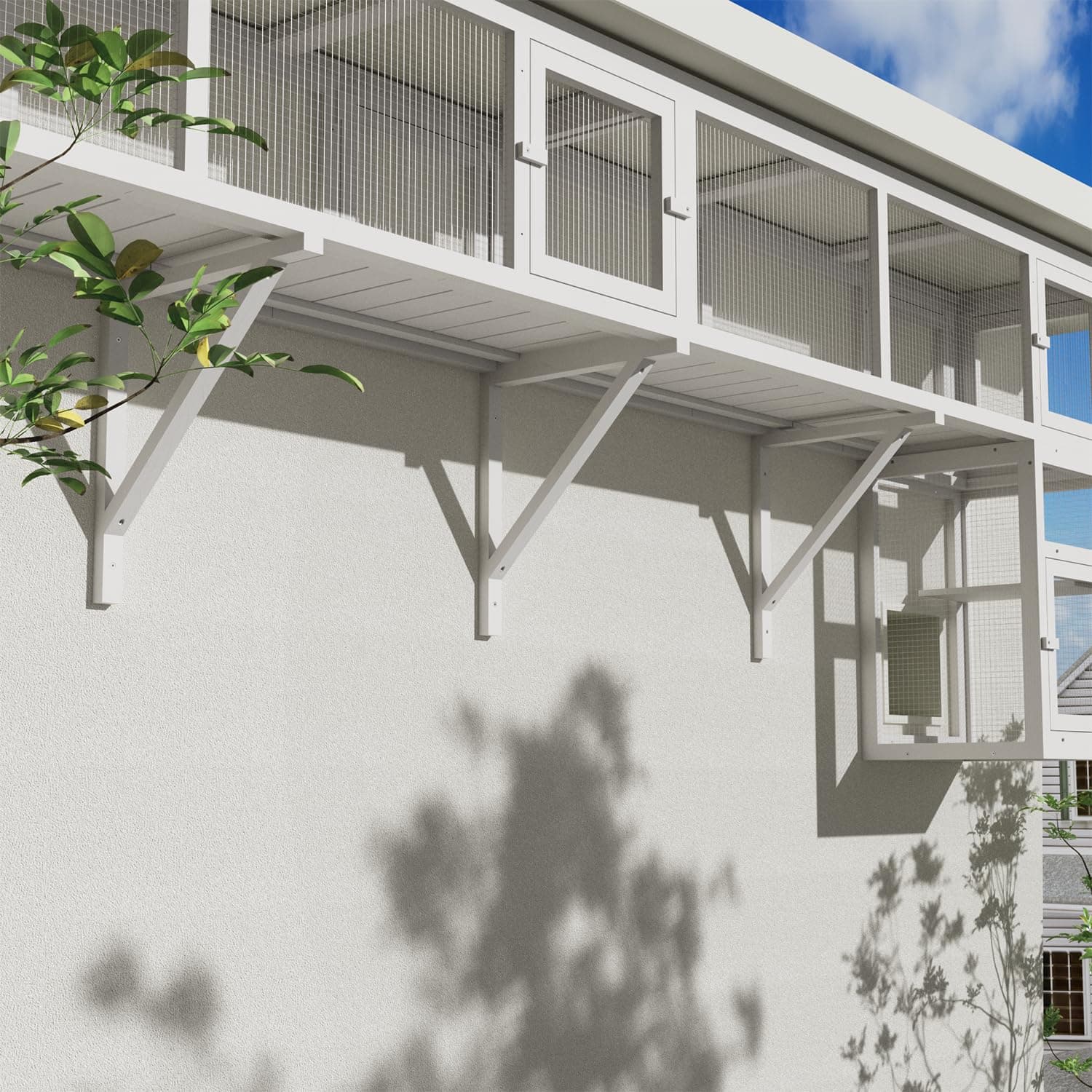 59" Wooden Cat Window with Extendable Design Connecting Inside and Outside Catio Outdoor Cat Enclosure for Sunbathing, Napping & Overlooking (White)