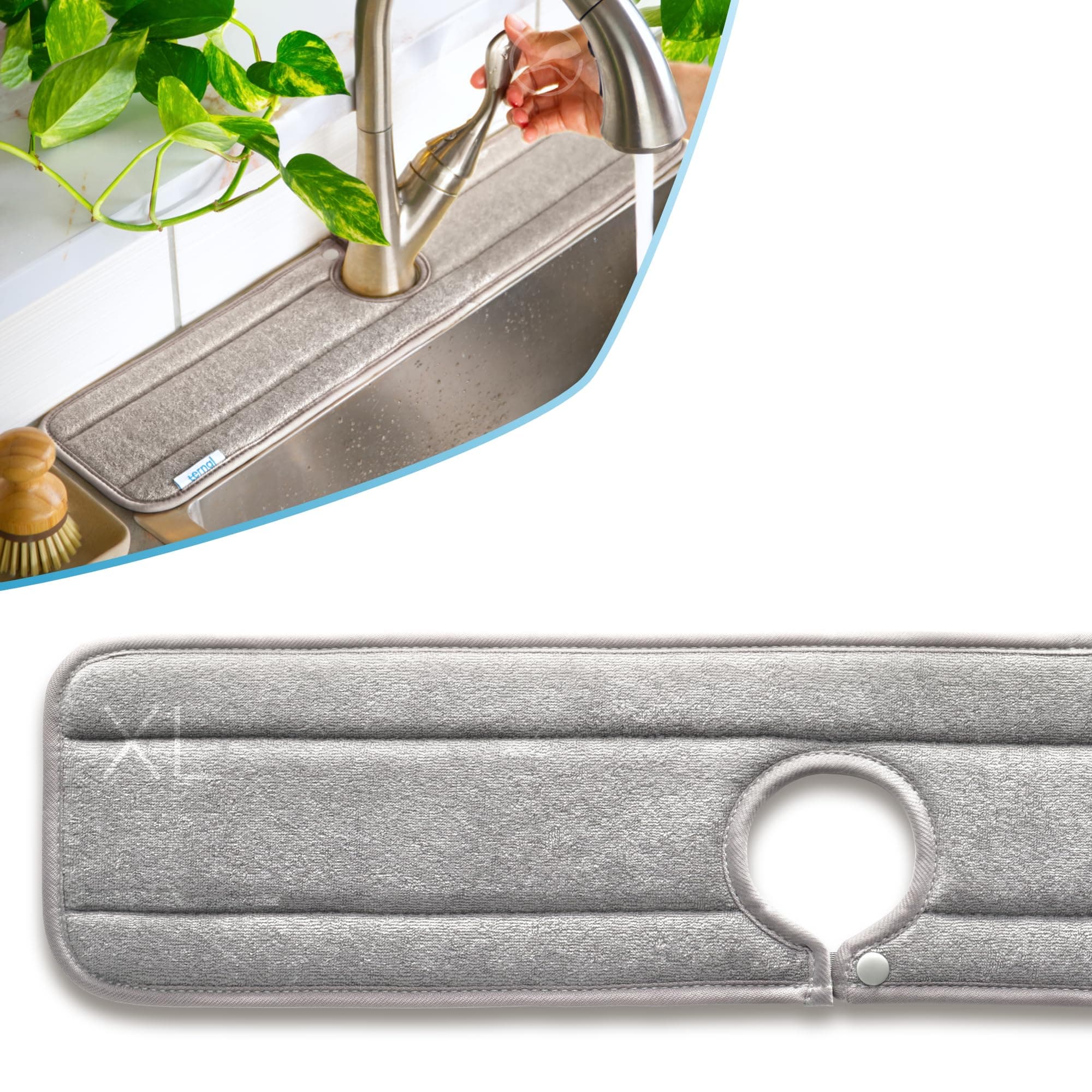 Ternal Sinkmat for Kitchen Faucet, Long Design, Grey, Absorbent Microfiber Fabric, Machine Washable Splash Guard & Drip Catcher For Around Faucet Handle