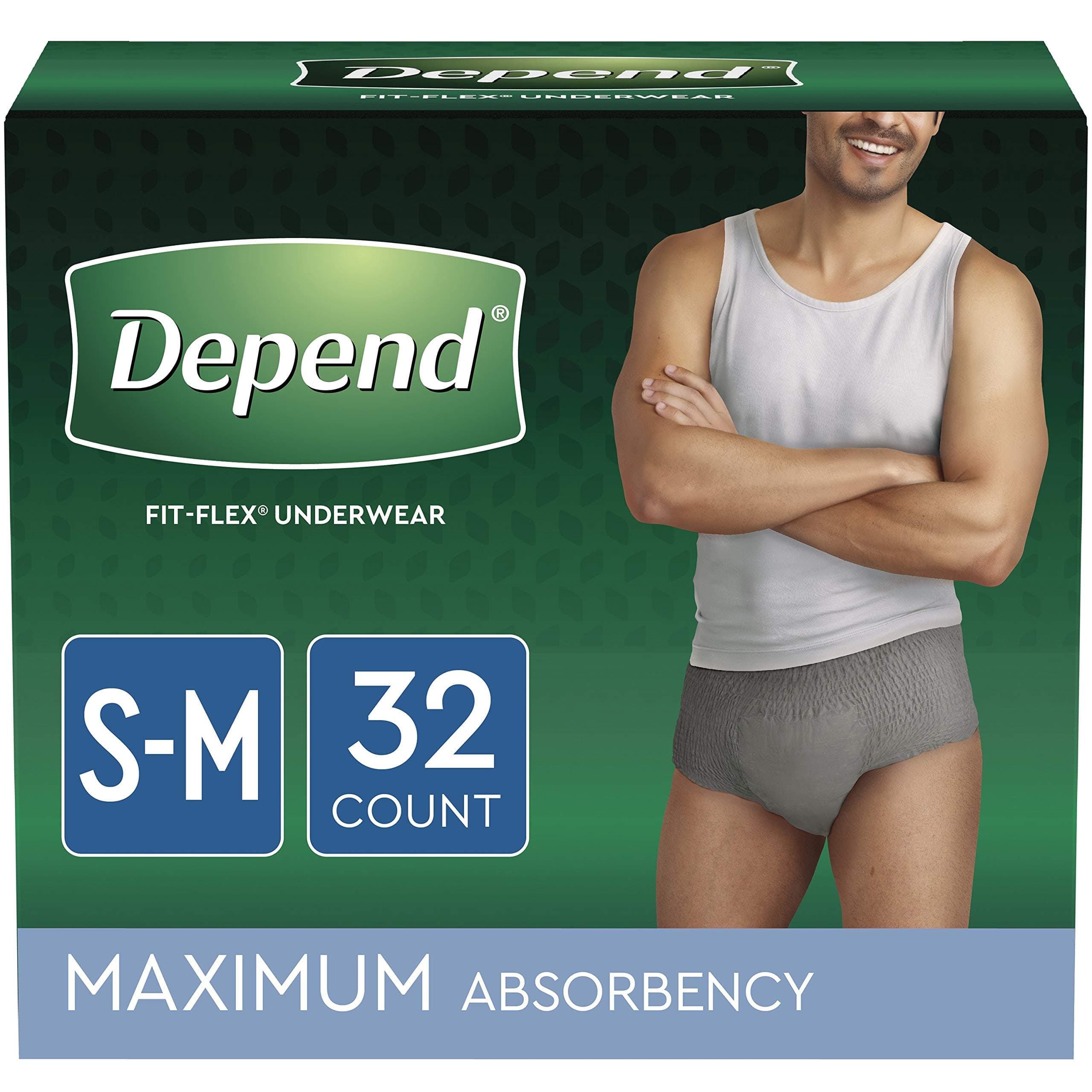 DependFIT-Flex Incontinence Underwear for Men, Maximum Absorbency, Disposable, S/M, Grey, 32 Count