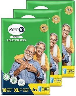 KareIn Classic Adult Diapers, Extra Large, Waist Size 127-165 Cm (50"-65"), 30 Count, Tape Style, Unisex, High Absorbency, Leak Proof, Wetness Indicator, Pack of 3