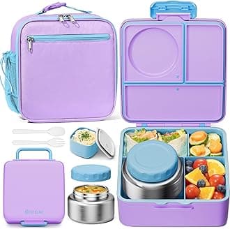 Kids Bento Lunch Box with Food Jar, Leakproof Toddler Bento Box with 8.5OZ Insulated Food Jar, Lunch Bag & Utensils BPA Free Dishwasher Safe 3 or 4 Compartment Container for School Girls Boys