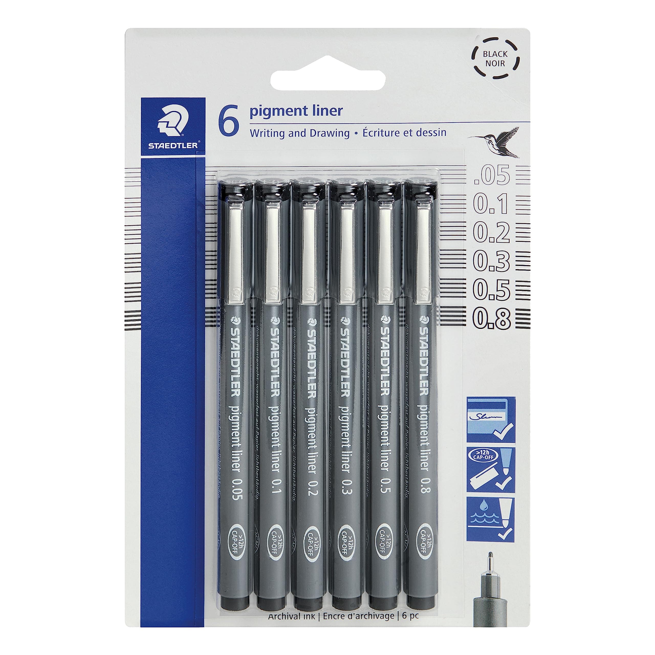 Staedtler Pigment Liner Pack, Black, 6 Pens, Assorted Line Widths, 0.05mm, 0.1mm, 0.2mm, 0.3mm, 0.5mm, 0.8mm