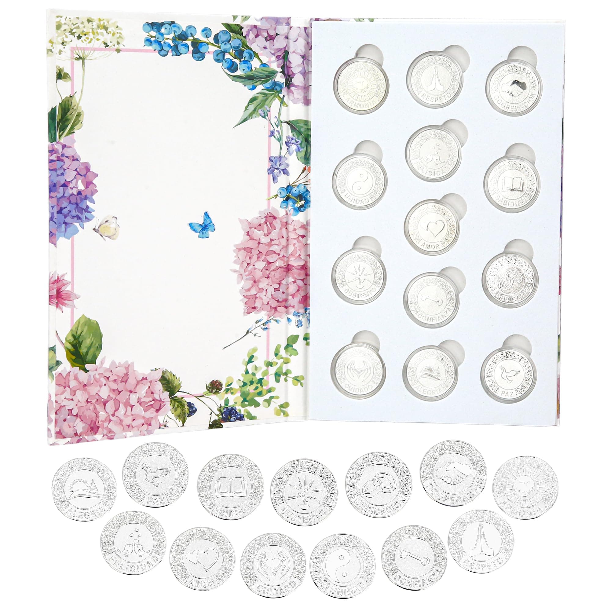 TINGKU Silver Arras de Boda Plata Wedding Unity Coins Set for Wedding Ceremony Arras Para Boda Bride Gift with Book Collection Box - Spanish