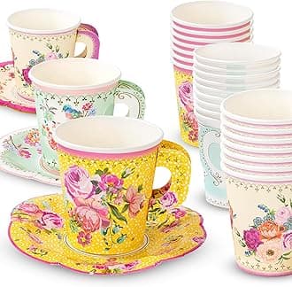 Talking Tables 12 x Vintage Paper Floral Disposable Tea Cups & Saucer Set, Afternoon Tea Party Table Decorations For Mother’s Day, Birthday, Baby Shower, Wedding
