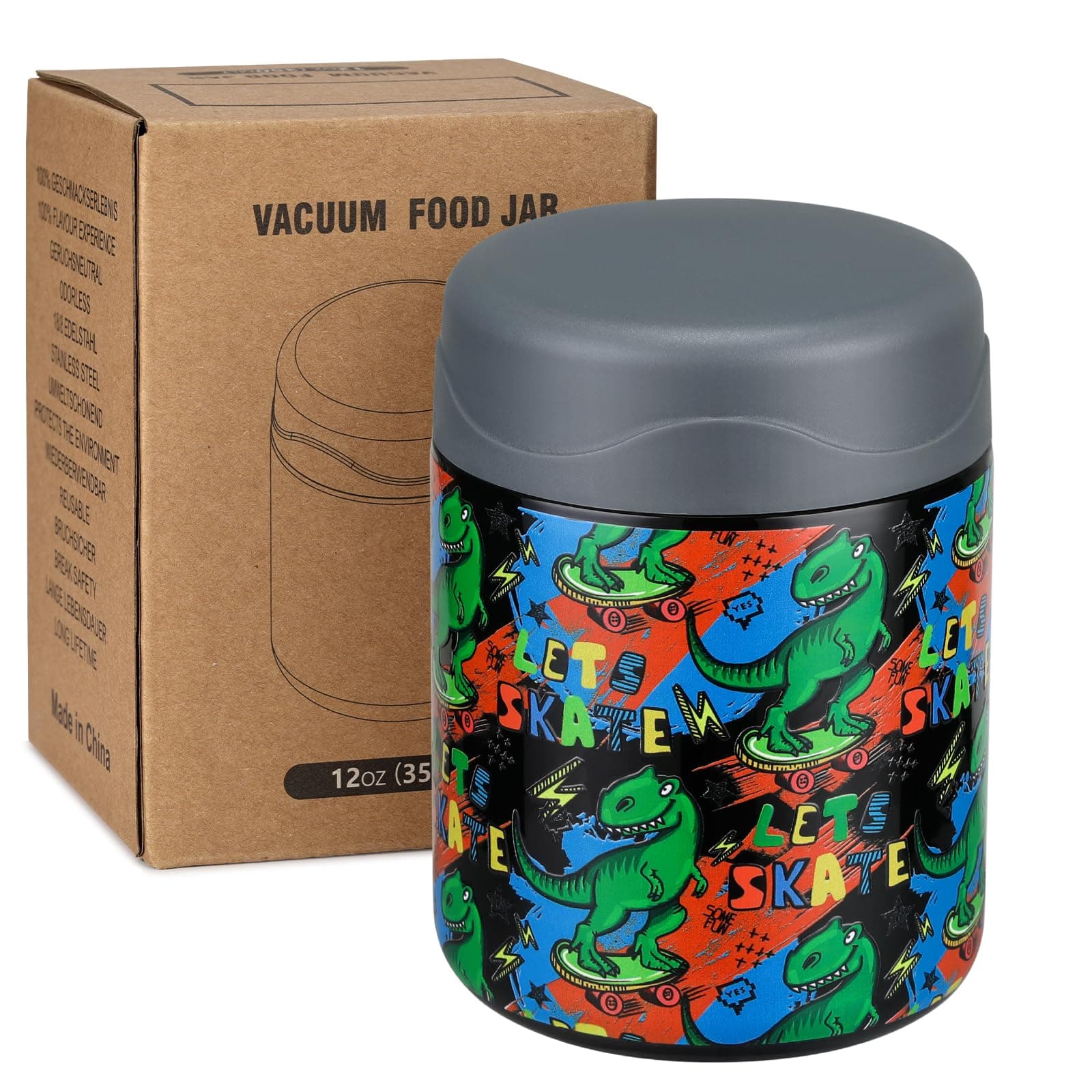 10oz Soup Thermo for Hot Food Kids Insulated Food Jar Wide Mouth Lunch Container Leak Proof Stainless Steel Vacuum Bento Box for School Office Travel Outdoors Black-Dinosaur