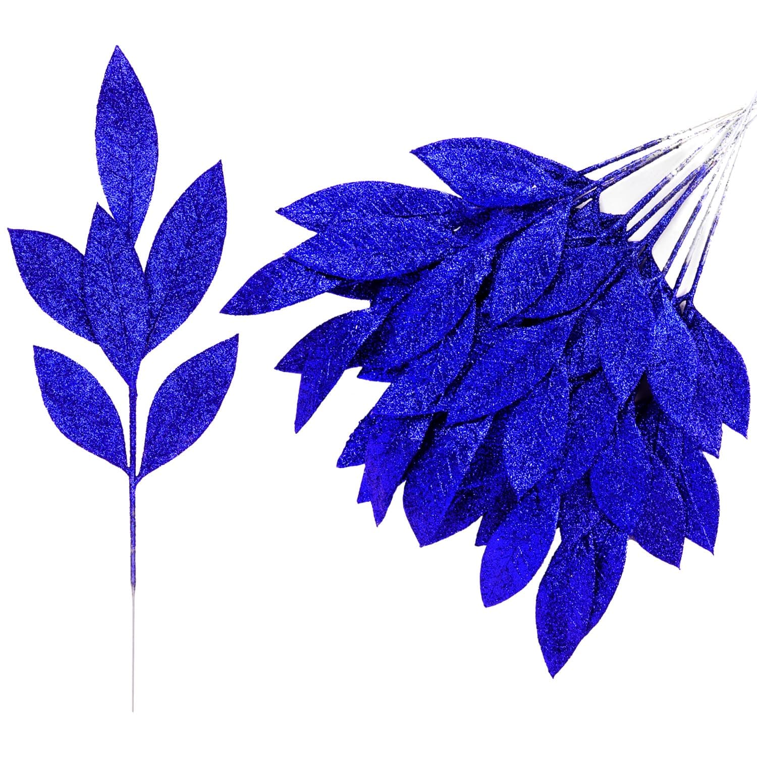 DERAYEE 12 Pcs Artificial Royal Blue Glitter Leaf Spray Picks, 12 Inch Fake Floral Leaf Branches for Winter Christmas Tree DIY Wreath Vase Fillers Wedding Table Centerpieces Decorations