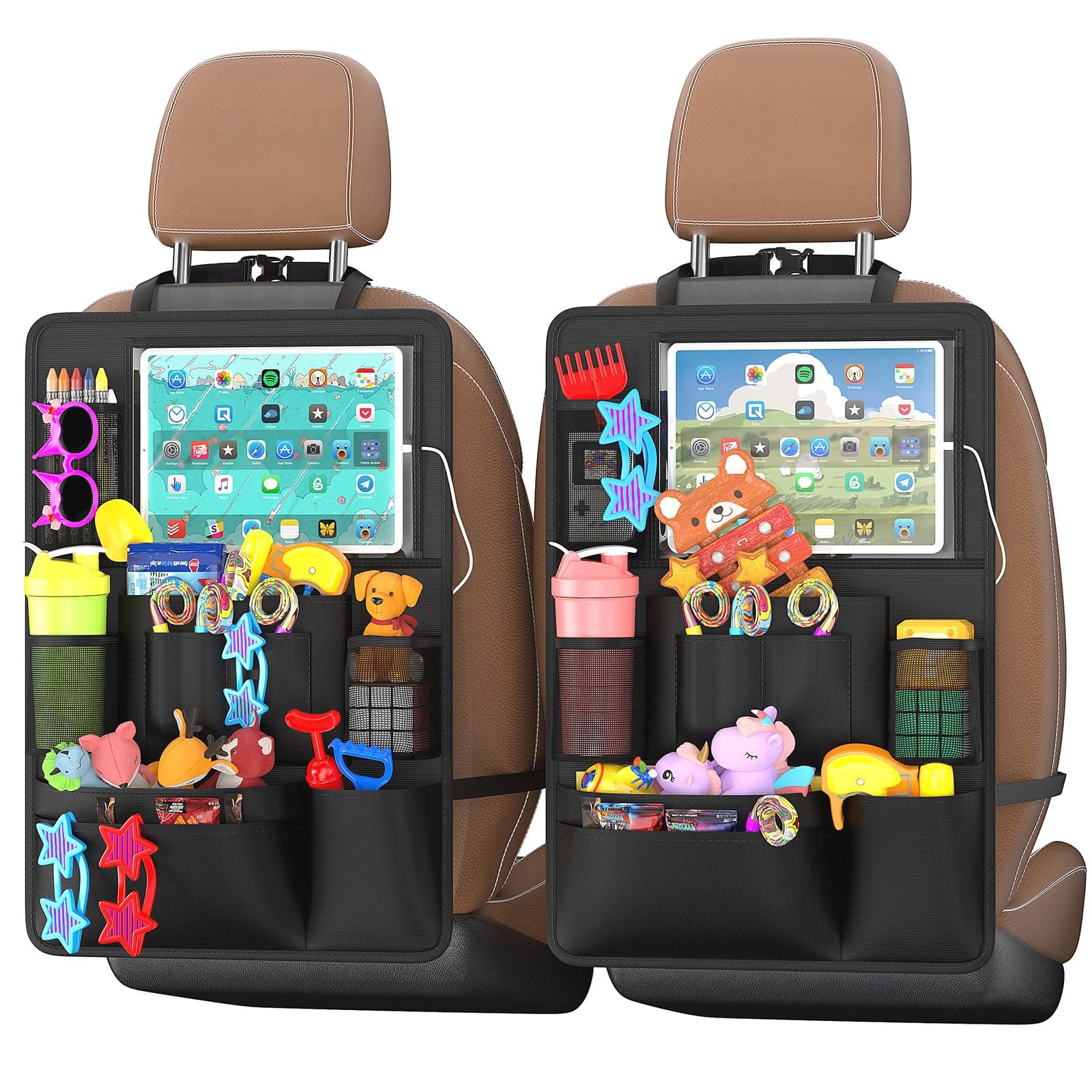 Backseat Car Organizer with Touch Screen,Kick Mats Back Seat Protector with 10 Storage Pockets,Car Seat Back Organizers Storage for Snacks Drinks Toy Umbrellas for Kids Road Trip