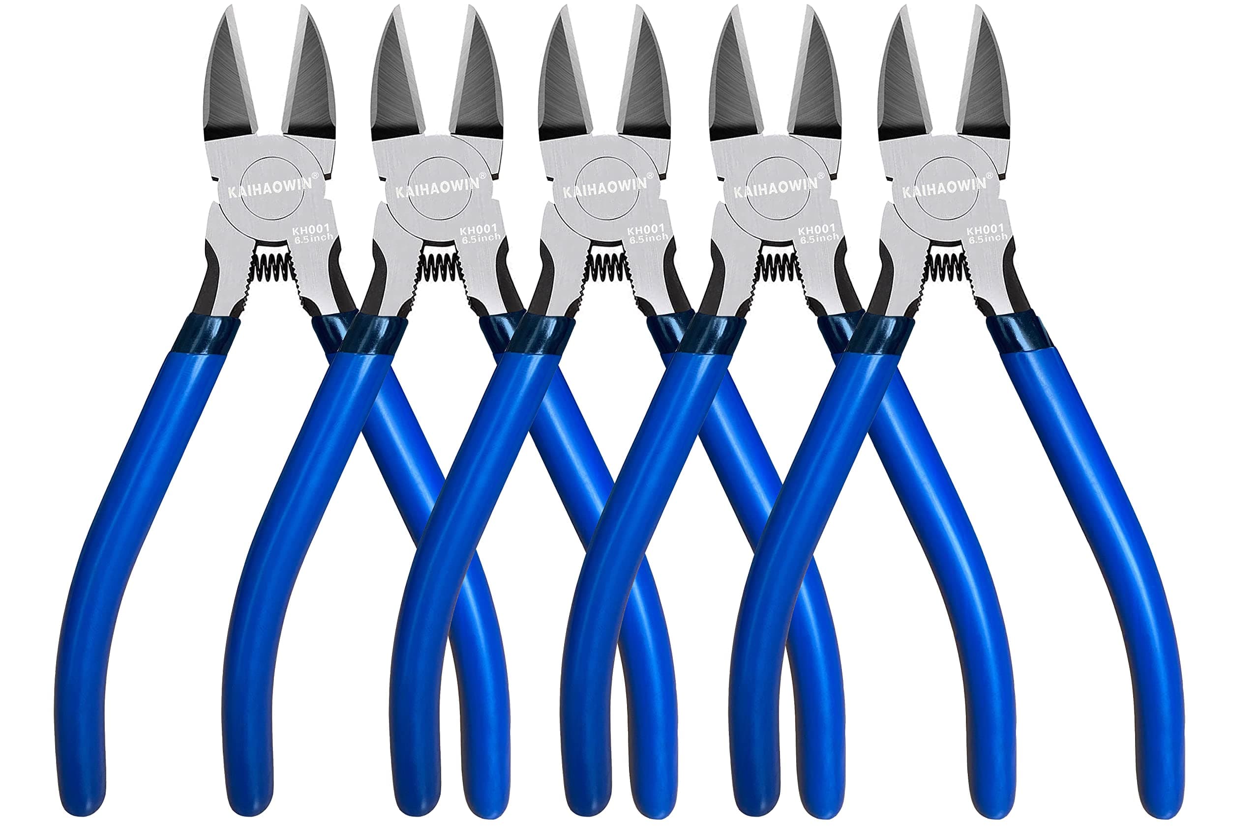 Wire Cutters 5 Pack, 6.5 inch,KAIHAOWIN Flush Cutters Diagonal Cutters Side Cutters Precision Ultra Sharp Spring Loaded Wire Snips Clippers Dikes Cutting Pliers Small for Crafting Jewelry Making,Blue
