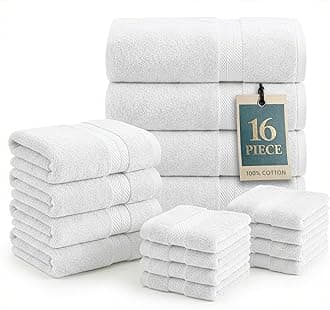 LANE LINEN 100% Mercerized Cotton Luxury Bathroom Towel Set - 16 Pcs - Super Soft, Fluffy & Highly Absorbent - 4 Bath Towels, 8 Washcloths, 4 Hand Towels - Complete Family Pack - White Bath Towel Set