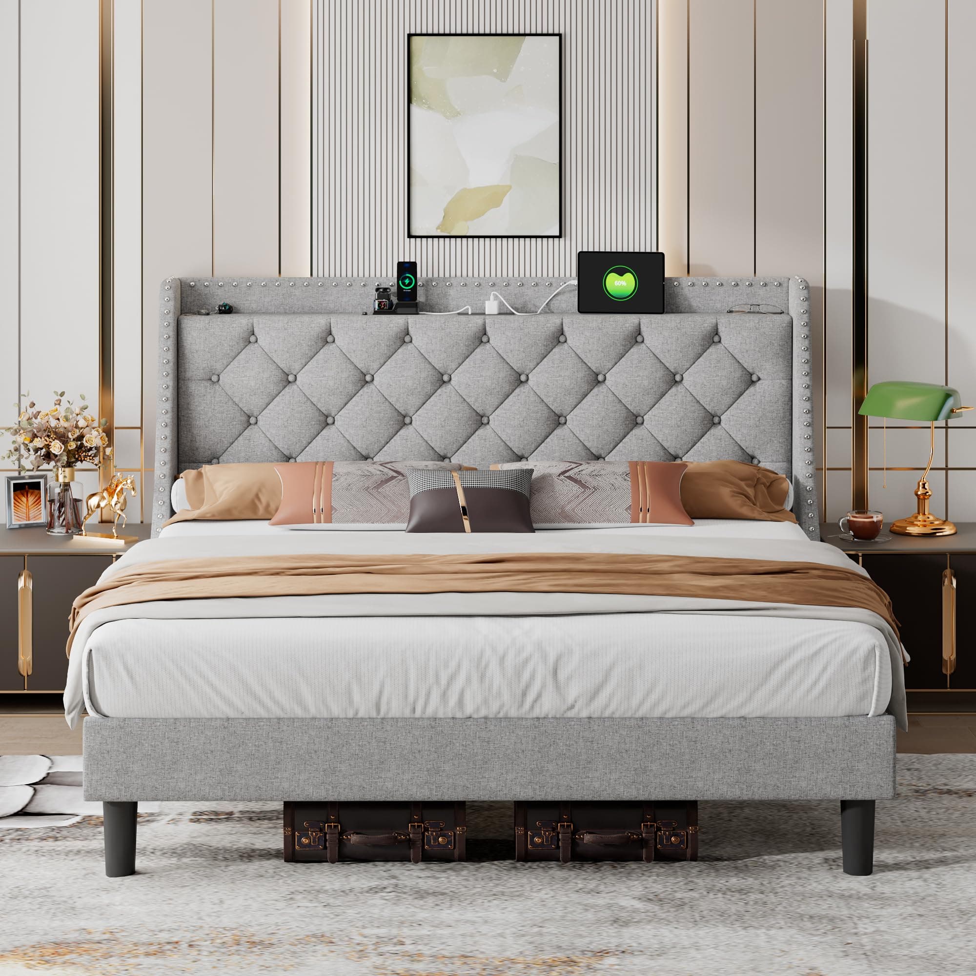 iPormis King Bed Frame with 16" Deluxe Wingback & USB & Type-C Ports, Upholstered Platform Beds with Button Tufted Storage Headboard, Solid Wood Slats Support, No Box Spring Needed, Light Grey