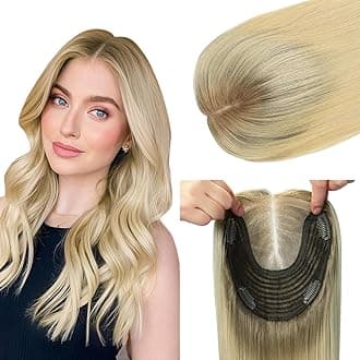 Hair Toppers for Women Real Human Hair 6x7 inch 150 Density Base 16 inch 75 grams ombre Ash Brown to Platinum Blonde Human HairTopper for Women with ThinningHair Cover Gray Roots（#8T60 16inch）