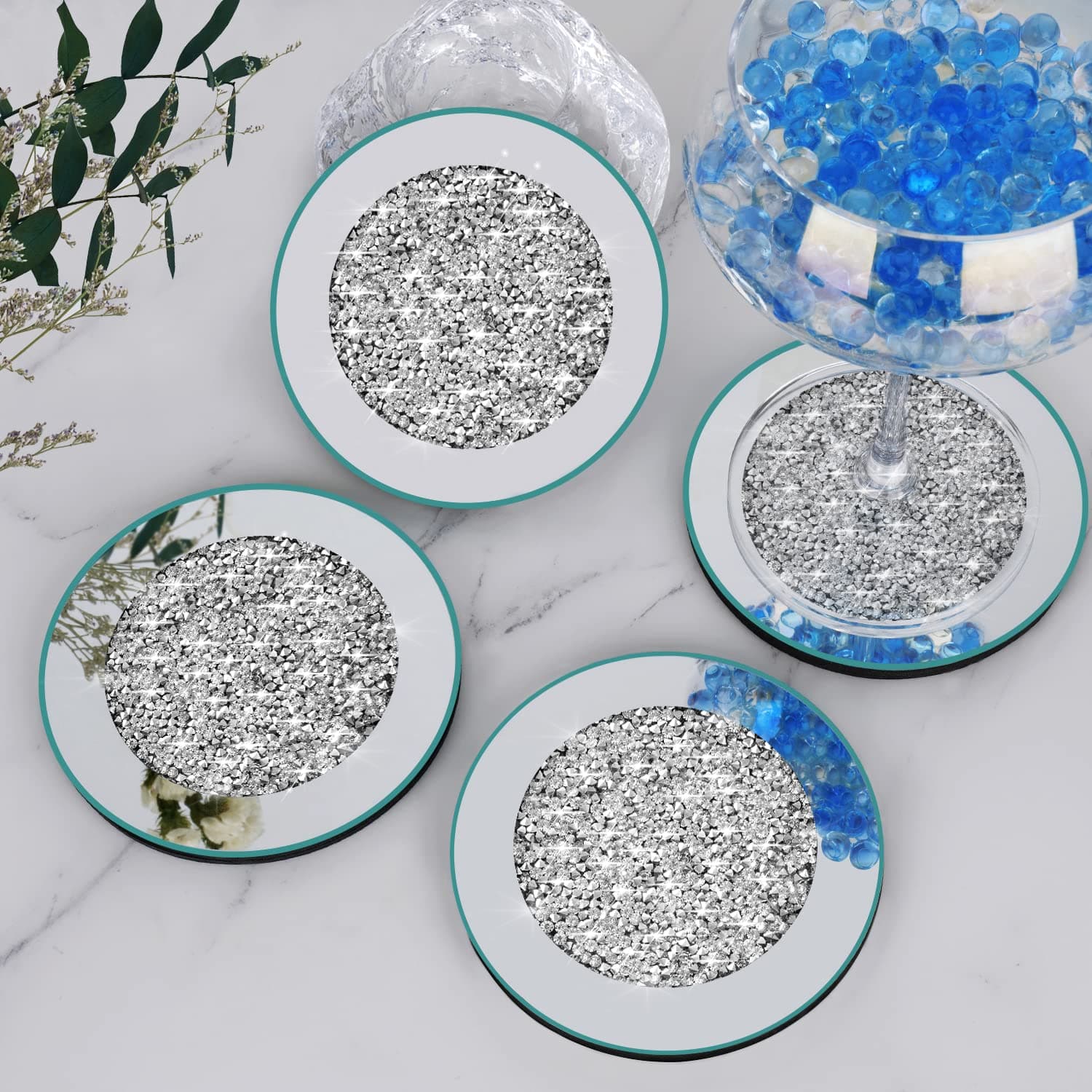 Glass Mirrored Coasters for Drinks, Crushed Diamond Coasters Set of 4, Decorative Wine Coasters, Mirror Coasters Heat Resistant, Table Decor Coasters for Bar Kitchen Restaurant, Silver Round 4 inches