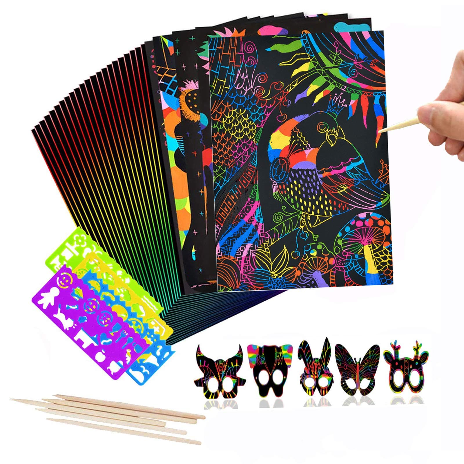 Scratch Art for Kids, 50 Pcs Magic Rainbow Scratch Paper for Children, Black Scratch Off Paper for Toddler Preschool Girl Boy Holiday Christmas Classroom Birthday Gifts (5.31" x 7.6")