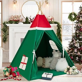 Christmas Tent for Kids with Padded Mat Cotton Canvas Teepee Tent Indoor for Toddlers Kids Play Tent for Girls Boys with Stars Lights, Carry Bag, Banner Flag (Christmas)