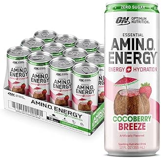 Amino Energy Sparkling Hydration Drink, Electrolytes, Caffeine, Amino Acids, BCAAs, Sugar Free, Cocoberry Breeze, 12 Fl Oz, 12 Pack (Packaging May Vary)