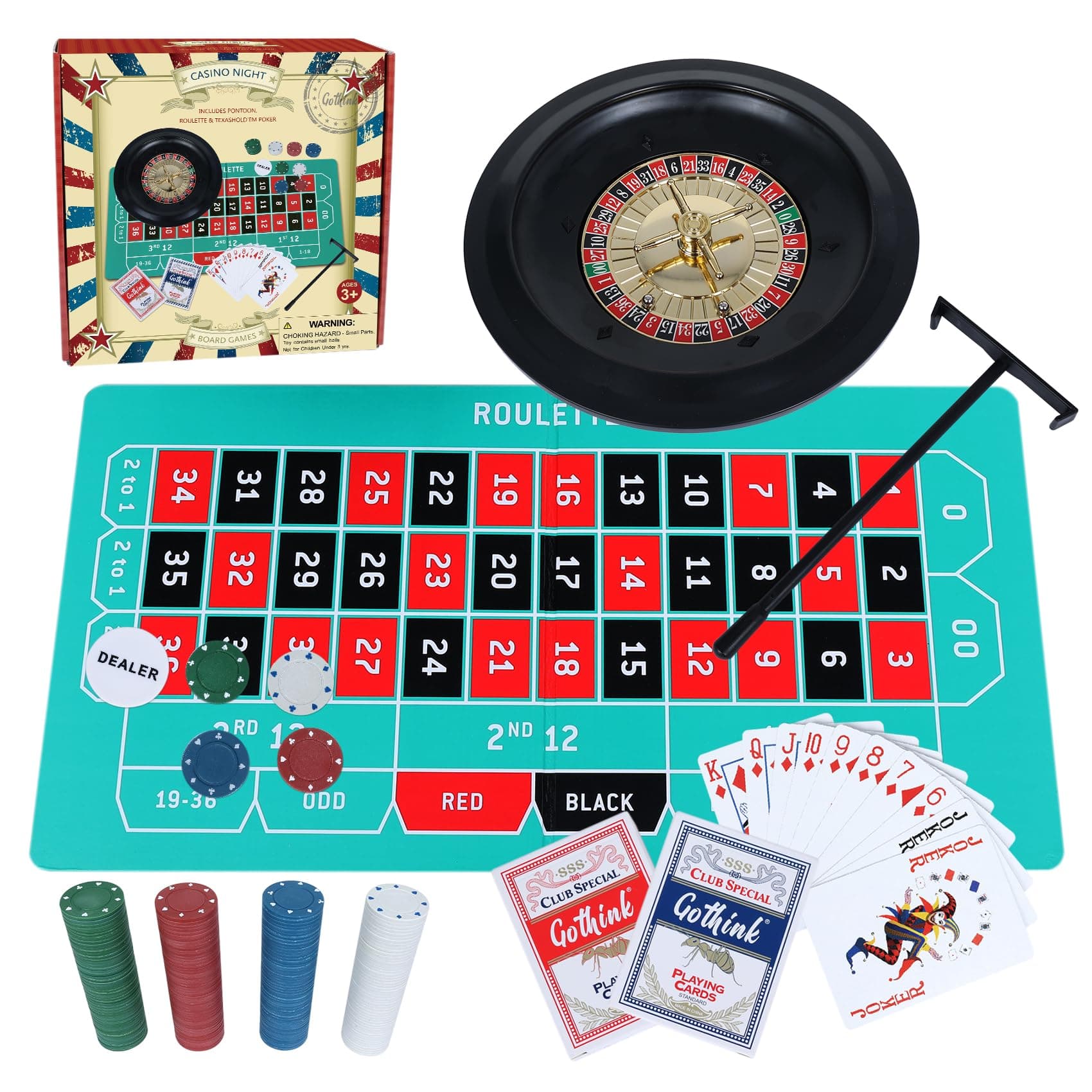 Roulette Wheel Game Set, Includes 10-inch Gambling Wheel, 200 Chips, Rake, 2Balls and Texas Hold’em Poker, Perfect for Parties and Holidays, Get for a Fun Casino Night!