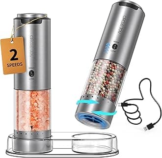- CIRCLE JOY Electric Salt and Pepper Grinder Set Stainless Steel Rechargeable Salt and Pepper Grinder Set, Variable Grinding Speed, External Adjustable Coarseness, Storage Base, White LED Light, Silver