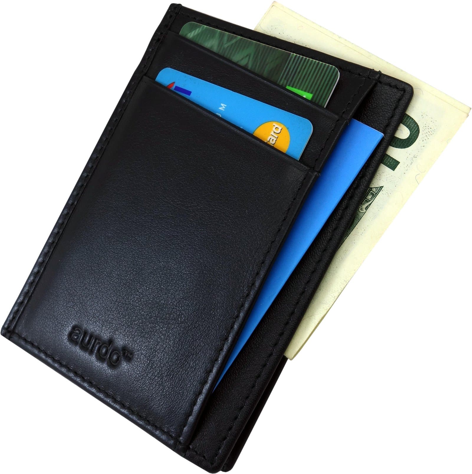 AurDo Leather Minimalist Front Pocket RFID Blocking Card Holder Made of Full Grain Leather with Id window and Two Side Open