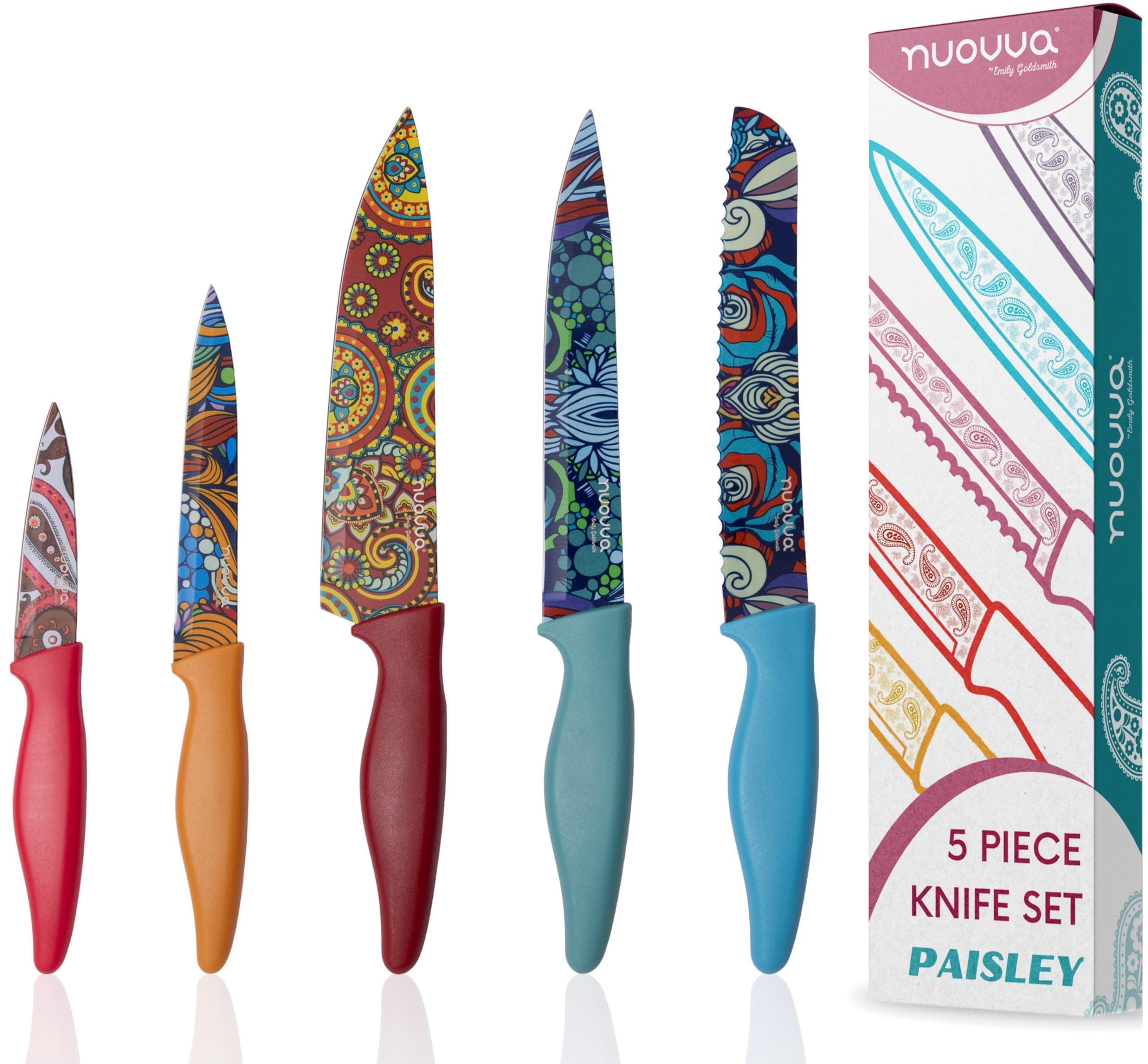 nuovva Professional Kitchen Knife Set – 5pcs Paisley Pattern Kitchen Knives – Stainless Steel Granite Non Stick Blades – Chefs, Filleting, Bread, Paring and Utility Knives