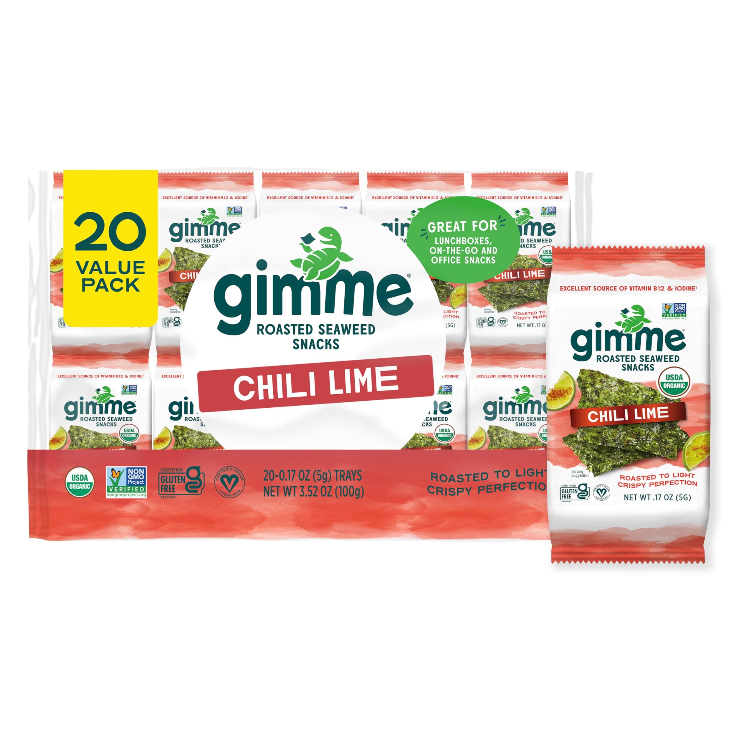 Gimme Seaweed Organic Premium Roasted Seaweed Snacks, Chili Lime, 20 Count, Keto, Vegan, Gluten-Free, Great Source of Omega3s and Iodine, Healthy On-The-Go Snack for Kids and Adults