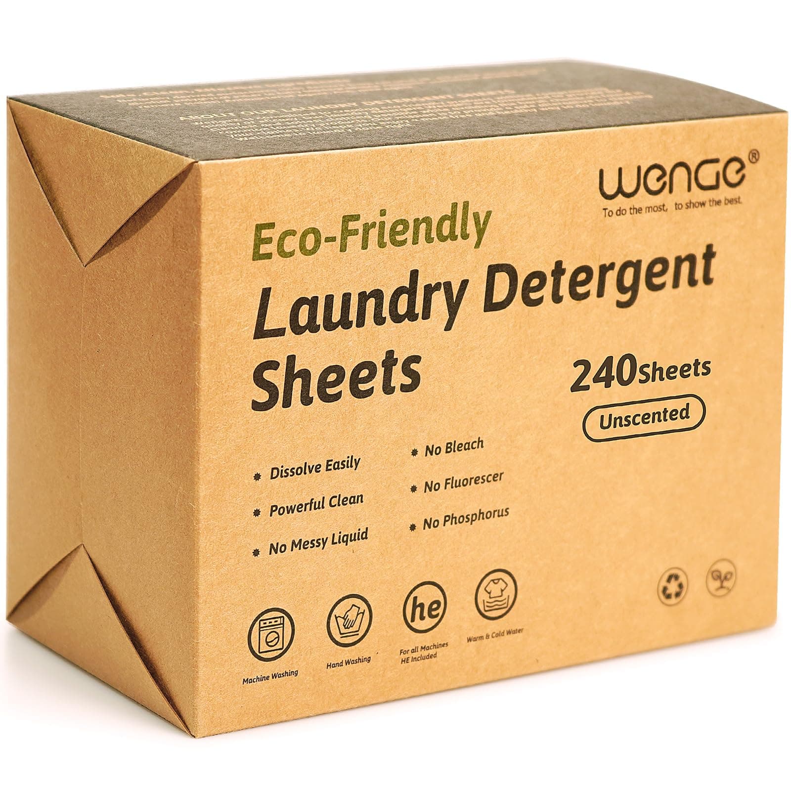 Wenge laundry sheets detergent eco friendly - 240 Sheets - Clear Plastic-Free Naturally Hypoallergenic Liquid Less Washing Sheets for Home Dorm Travel Camping (Unscented)