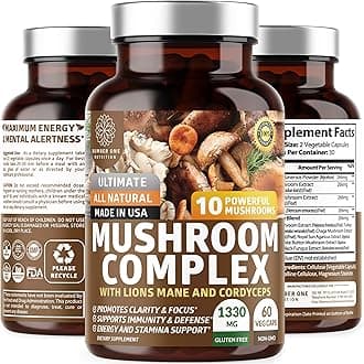 N1N Premium Mushroom Complex [10X Powerful Mushrooms] with Reishi, Lions Mane, Cordyceps, Chaga, Turkey Tail and Maitake to Support Health, Brain Functions and Energy Levels, 60 Veg Caps