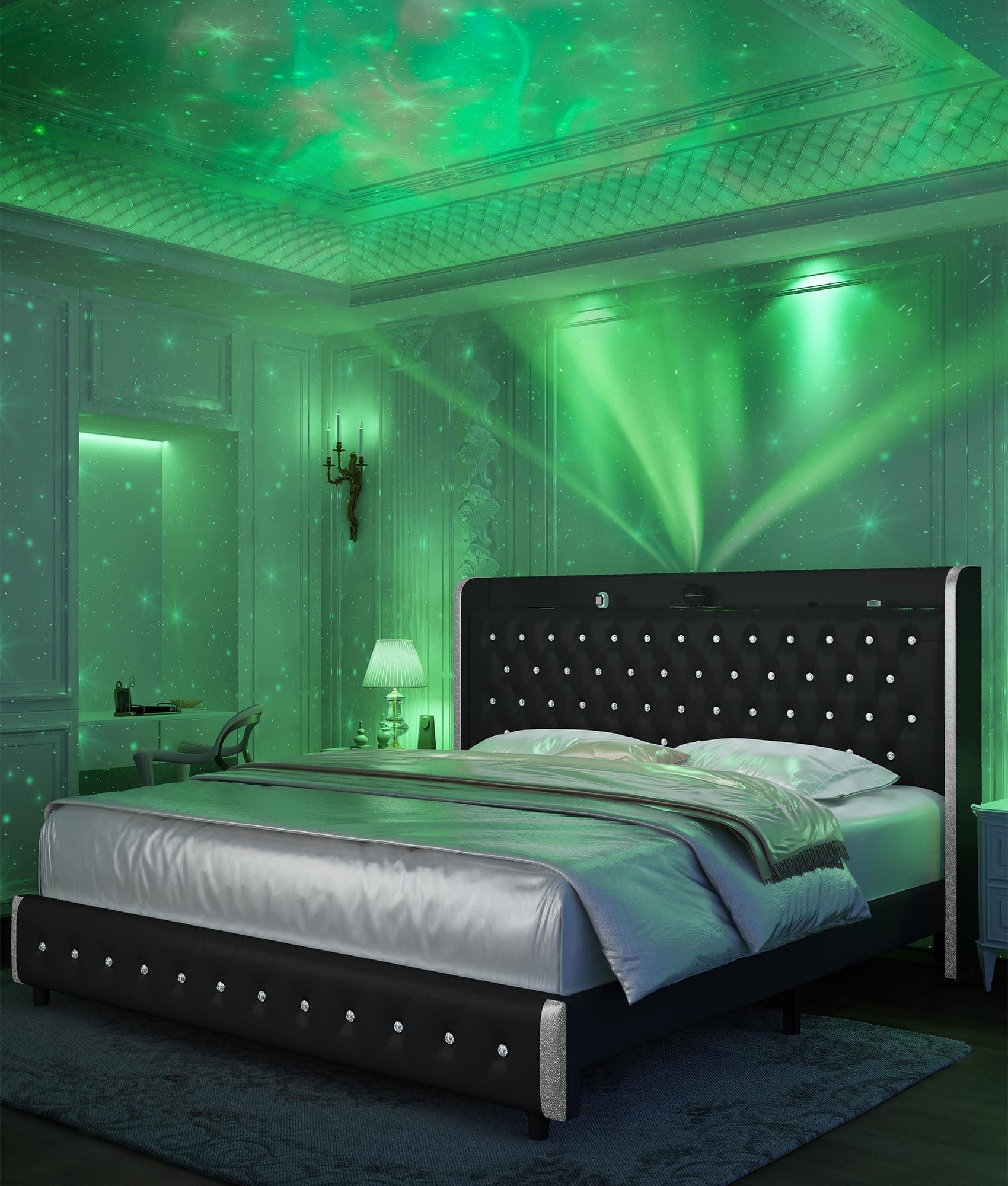 Full Modern Wingback Upholstered Platform Bed Frame with Galaxy Projector, LED Bed Frame, Sturdy Noise Free Design, Headboard with Star Accents, Easy Assembly, No Box Spring Needed, PU Black