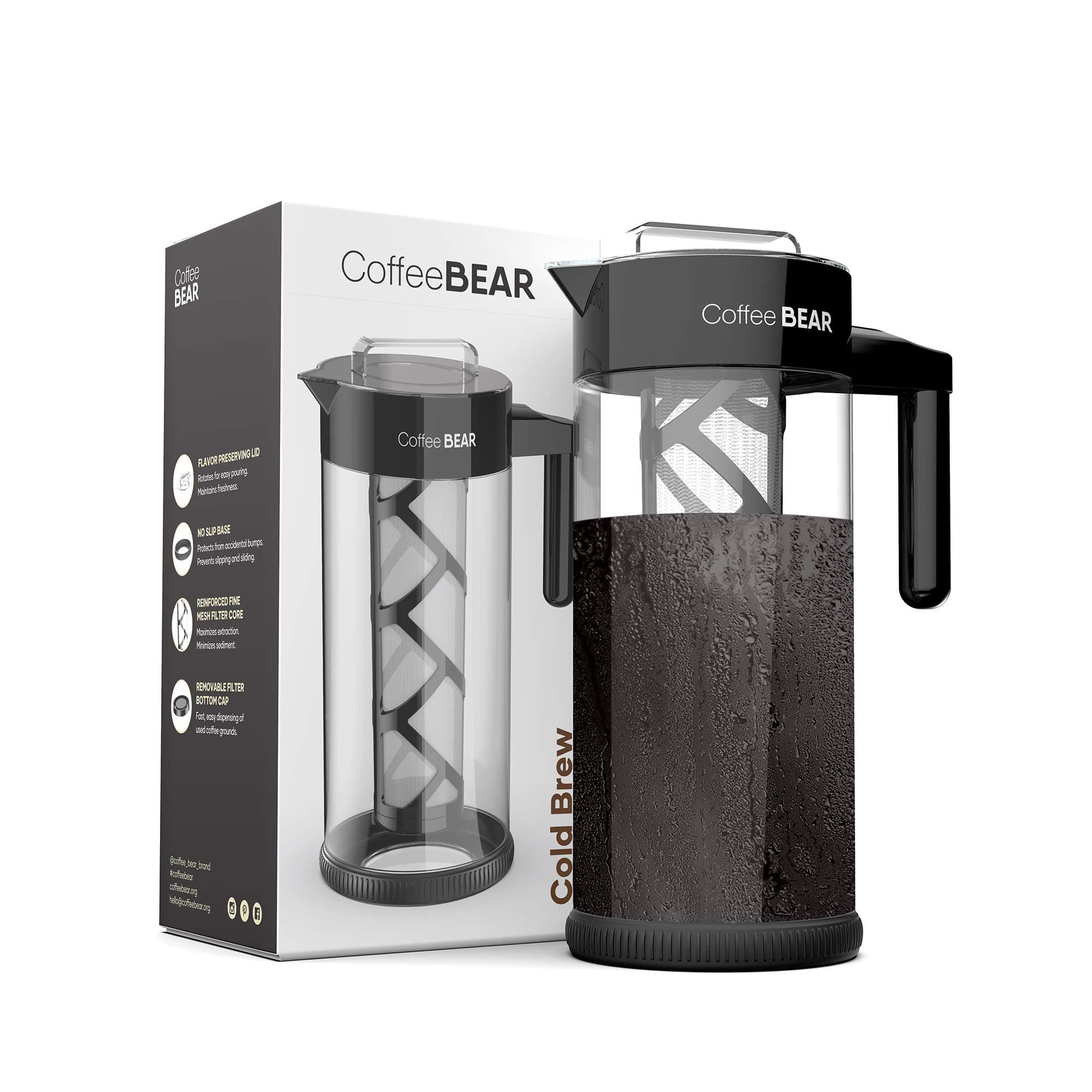 Cold Brew Maker - 1300ml (44oz) Premium Glass Pitcher with Removable Mesh Filter and No-Slip Base - Recipe E-Book
