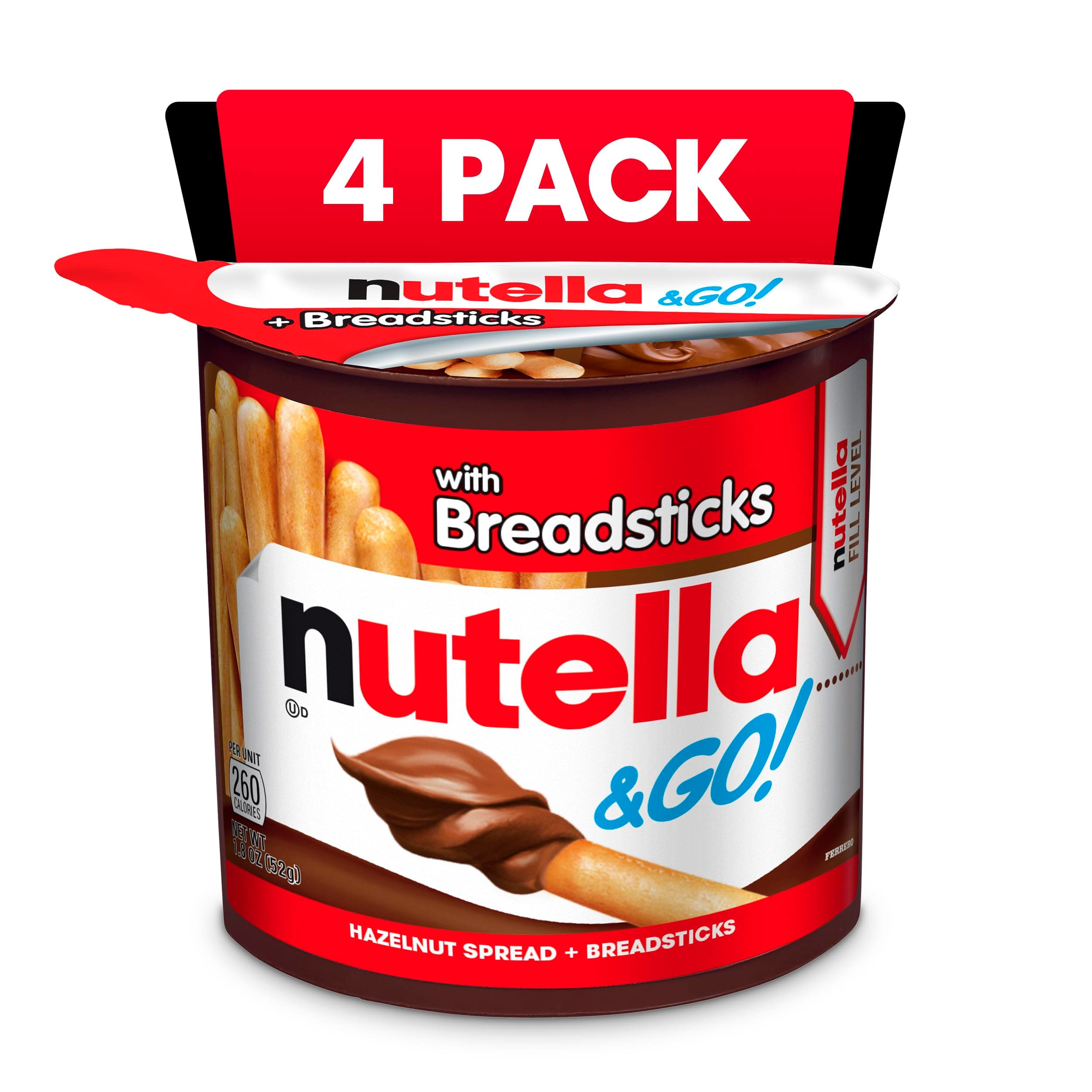 Nutella and Go Snack Packs, Chocolate Hazelnut Spread with Breadsticks, Perfect Bulk Snacks for Kids' Lunch Boxes, 1.8 oz, Pack of 4