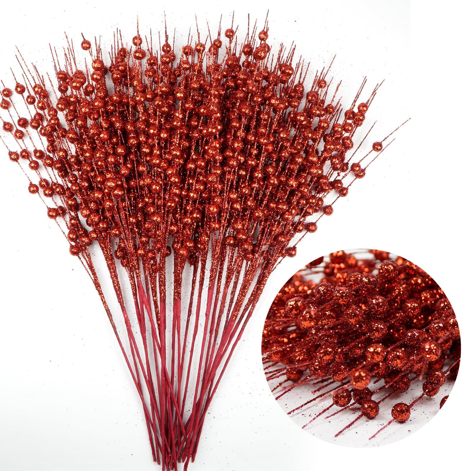 24 Pack Artificial Glitter Berry Stems, Decorative Branches for Christmas Tree, Festive Bead Sticks Glittery Twigs, Decoration Stems Christmas Wreath Ornaments, Holiday Vase DIY Home Decor (Red)