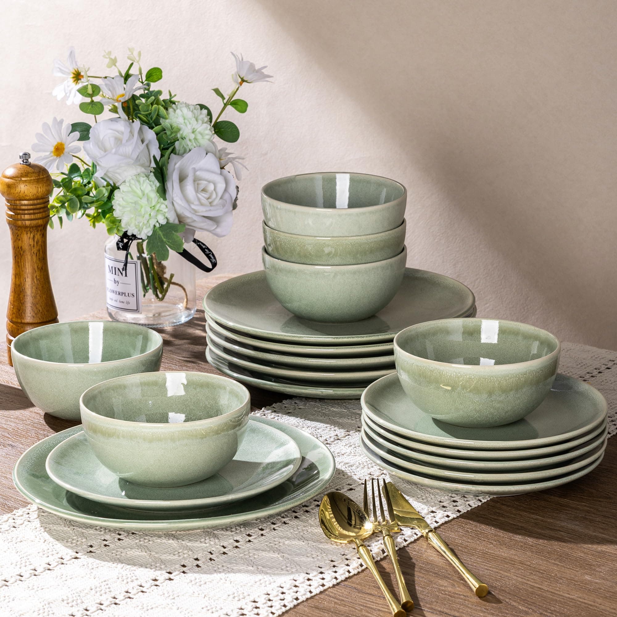 Ceramic Dinnerware Sets for 6, 18 Pieces Handpainted Plates and Bowls Set, Scratch Resistant Stoneware Dishes Set, Dishwasher & Microwave Safe, Olive Green