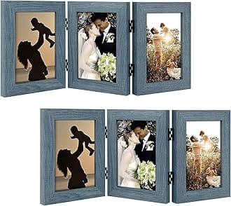 Golden State Art, 4x6 Three Picture Frame Trifold Hinged Photo Frame with 3 Openings, Desk Top Family Picture Collage, with Real Glass (4x6 Triple, Blue, 2-Pack)