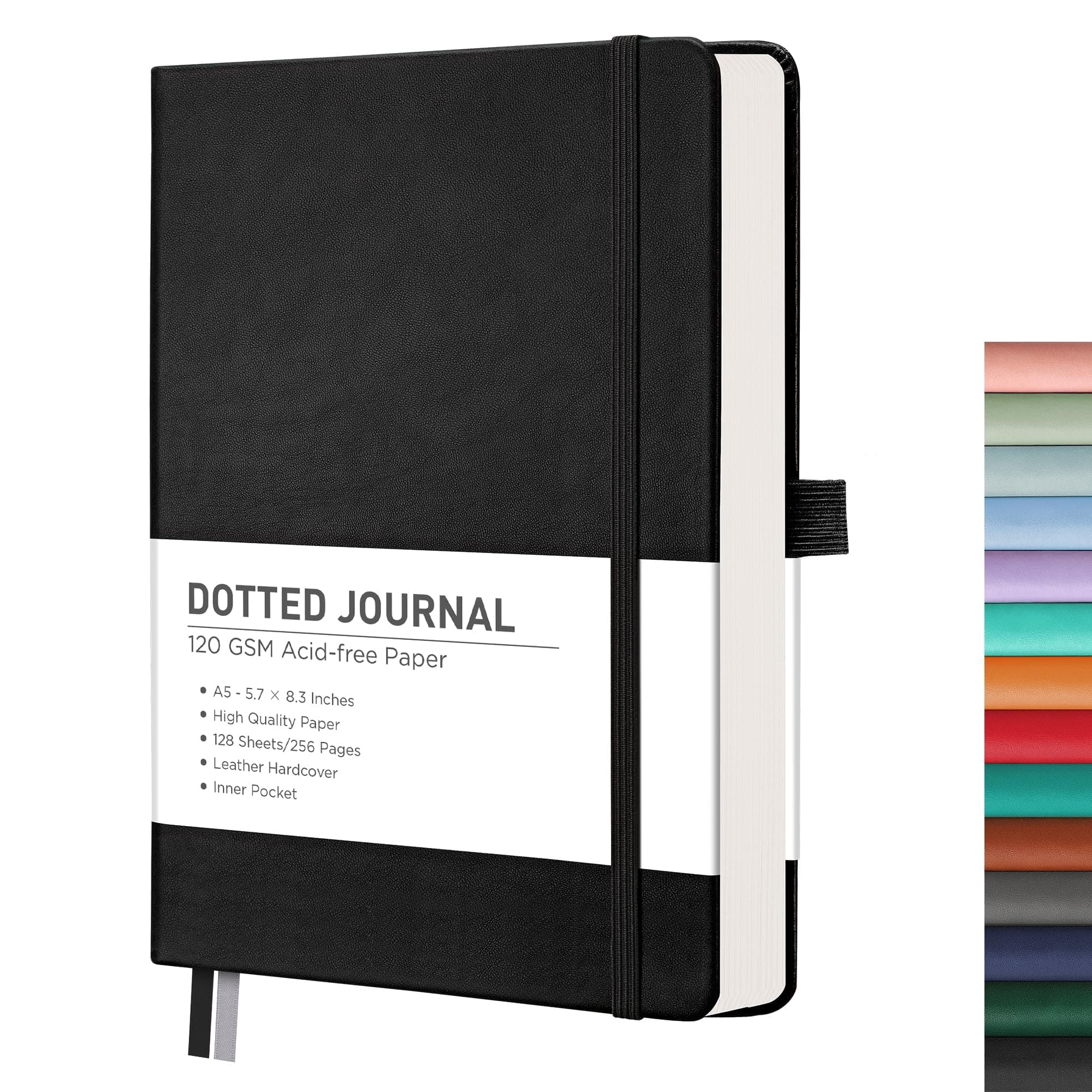 RETTACY Dotted Journal Notebook, 256 Pages, A5 Medium Size (5.7'' × 8.3''), Leather Hardcover, 120 GSM Thick Paper, for Journaling, Planning, Tracking (Black)