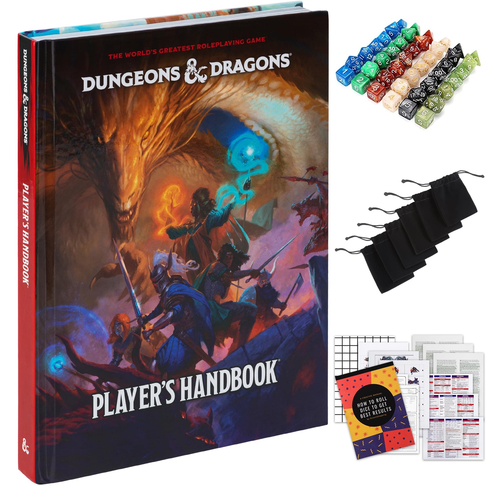CraftyCrocodile Dungeons and Dragons 2024 Player's Handbook Bundled with DND 6 Dice Sets, Flannel Bags, Complete Printable Kit - Core Rulebook with D&D Starter Set Accessory - Tabletop Board Game