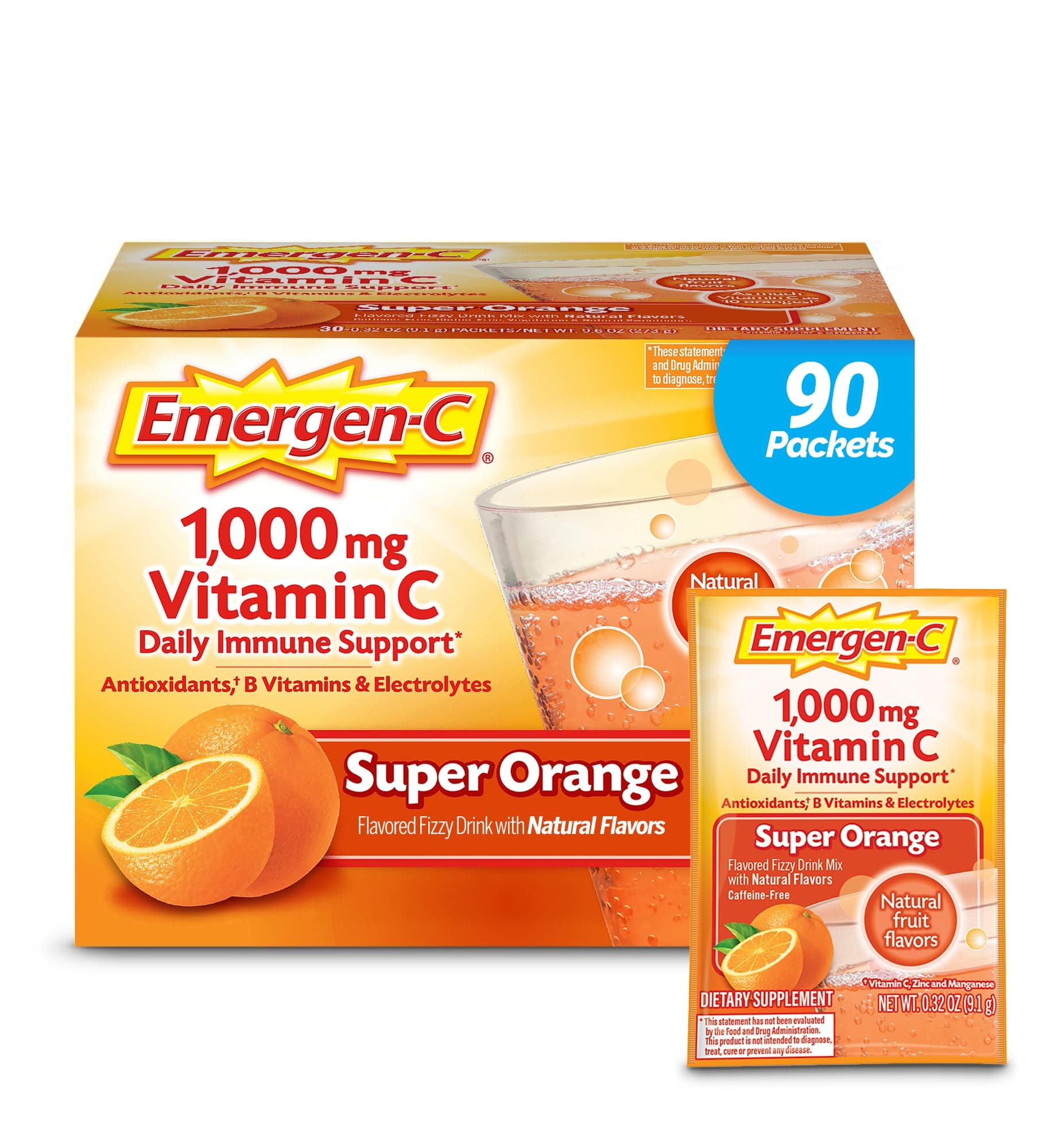 Emergen-C 1000mg Vitamin C Immune Support Powder Super Orange 90CT includes Zinc, Manganese, 7 B Vitamins and Electrolytes for Back to School Essentials